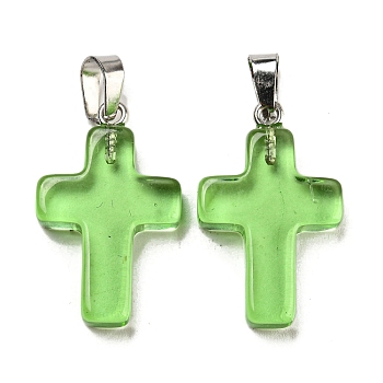 Glass Pendant, with Platinum Iron Findings, Cross Charms, Lime Green, 29x18x5.5mm, Hole: 7x3.5mm