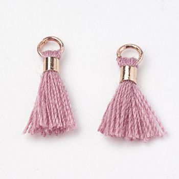 Polycotton(Polyester Cotton) Tassel Pendant Decorations, Mini Tassel, with Brass Findings, Light Gold, Old Rose, 10~15x3~4mm, Hole: 2mm