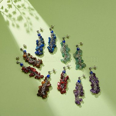 Natural Gemstone Chips & Lampwork Evil Eye Cluster Dangle Stud Earrings(EJEW-JE05040)-2
