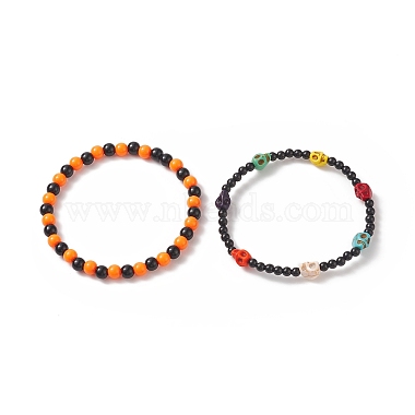 Halloween Theme Skull Synthetic Turquoise(Dyed) Stretch Bracelets Sets(BJEW-JB09199)-5