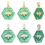 4Pcs 2 Colors Brass Pendants, Cadmium Free & Lead Free, with Enamel, Hexagon with Bees Charms, Mixed Color, 18.5x18x3mm, Hole: 4.5x2mm, 2pcs/color(KK-YW0004-55)