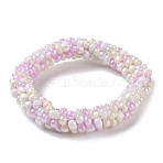 Crochet Glass Beads Braided Stretch Bracelet, Nepel Boho Style Bracelet, Lavender Blush, Inner Diameter: 1-3/4 inch(4.5cm)(BJEW-K232-01N)