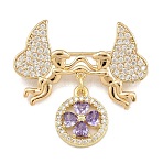 Brass Micro Pave Cubic Zirconia Lapel Pins, Angel, Long-Lasting Plated, Cadmium Free & Lead Free, Rack Plating, Golden, 32.5x34.5mm(KK-C114-22G-1)