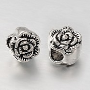 Tibetan Style Alloy European Beads, Large Hole Rose Flower Beads, Antique Silver, 10x9mm, Hole: 4.5mm(MPDL-E040-74AS)