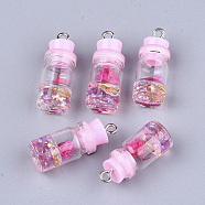 Glass Bottle Pendant Decorations, with Resin Rhinestone & Stopper, Dried Flower and Iron Findings, Platinum, Pearl Pink, 26~27x9.5~10mm, Hole: 1.8mm(X-GLAA-S181-05E)