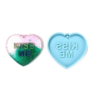 Valentine's Day Theme DIY Pendant Silicone Molds, Resin Casting Molds, For UV Resin, Epoxy Resin Jewelry Making, Heart with Word Kiss Me, Deep Sky Blue, 63x70x7mm, Hole: 3mm(X-DIY-C009-03N)