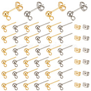 Elite 100Pcs 2 Color 304 Stainless Steel Ball Stud Earring Post, Earrings Findings, with Vertical Loops & 100Pcs Ear Nuts, Golden & Stainless Steel Color, 15x7x4mm, Hole: 1.7~2mm, Pin: 0.8mm, 50Pcs/color(STAS-PH0005-21)