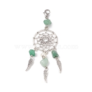 Natural Green Aventurine Chip Pendant Decoration, Alloy Woven Net/Web with Wing Hanging Ornament, with Natural Cultured Freshwater Pearl, 304 Stainless Steel Lobster Claw Clasps

, 98~100mm(HJEW-JM00719-05)