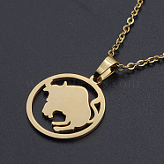 201 Stainless Steel Pendants Necklaces, with Cable Chains and Lobster Claw Clasps, Flat Round with Constellation/Zodiac Sign, Taurus, 15-3/4 inch(40cm), 1.5mm(NJEW-S105-JN626-2G)