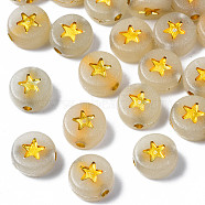 Luminous Acrylic Beads, Glow in the Dark, Metal Enlaced, Horizontal Hole, Flat Round with Star, Golden Plated, 7x3.5mm, Hole: 1.2mm, about 3600pcs/500g(MACR-S273-64)