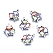 Brass Charms, with Cubic Zirconia, Lead Free & Cadmium Free & Nickel Free, Flower, Mixed Color, Real Platinum Plated, 11x9x3mm, Hole: 2mm(KK-P155-40P-01-NR)