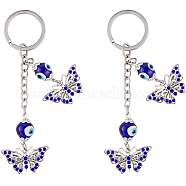 2Pcs Alloy Rhinestone Butterfly Pendant Keychain, Blue Evil Eey Glass Beads Keychain, for Bag Car Key Decoration, Antique Silver & Platinum, 135.5mm(KEYC-CP0001-19)