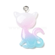 Translucent Resin Pendants, Glitter Cat Shaped Charms with Platinum Tone Iron Loops, Pale Turquoise, 30~30.5x21x4~5mm, Hole: 2mm(RESI-G069-03B)