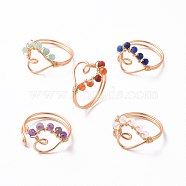 Heart Natural Mixed Stone Braided Bead Finger Rings, Light Gold Tone Copper Wire Wrapped Jewelry for Women, 2.5mm, Inner Diameter: 19.5mm(RJEW-JR00529)