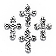 Tibetan Style Alloy Pendants, Cross with Flower, Cadmium Free & Lead Free, Antique Silver, 37x26x2mm, Hole: 1.8mm, about 300pcs/1000g(TIBEP-N009-015AS-RS)