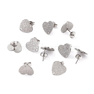 304 Stainless Steel Stud Earring Findings, with Ear Nuts, Textured Heart, Stainless Steel Color, 12x13mm, Hole: 1.5mm, Pin: 0.7mm(STAS-I183-02B-P)