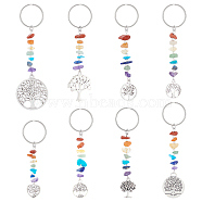 Tibetan Style Alloy Tree of Life Keychains, with Chakra Gemstone Chips and Iron Split Key Rings, 8.5~10.5cm(KEYC-UN0001-21)