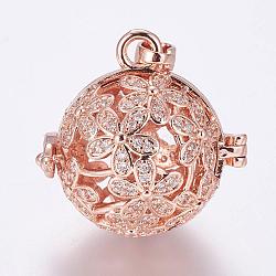 Brass Cage Pendants, For Chime Ball Pendant Necklaces Making, with Cubic Zirconia, Real Rose Gold Plated, Round with Flower, 24x25x20mm, Hole: 4x6mm, inner diameter: 17mm(KK-E713-11RG)