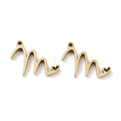 304 Stainless Steel Charms, Laser Cut, Real 14K Gold Plated, Letter M, 15x8.5x1.5mm, Hole: 1mm(X-STAS-M327-02G-M)