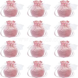 Nbeads 12Pcs Velvet Jewelry Drawstring Gift Bags, with Plastic Imitation Pearl & White Yarn, Wedding Favor Candy Bags, Pink, 14.2x14.9x0.4cm(TP-NB0001-30C)