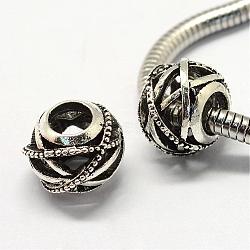 Alloy European Beads, Tibetan Style, Large Hole Beads, Barrel, Hollow, Antique Silver, 12x10mm, Hole: 5mm(PALLOY-Q313-48)