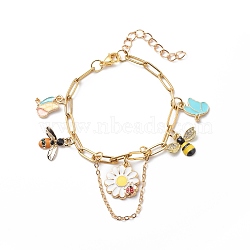 Alloy Enamel Flower & Bee & Butterfly Charm Bracelet with Paperclip Chains, Gold Plated 304 Stainless Steel Jewelry for Women, Colorful, 6-7/8 inch(17.6cm)(BJEW-JB08702)