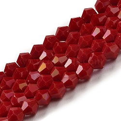 Opaque Solid Color Electroplate Glass Beads Strands, AB Color Plated, Faceted, Bicone, Dark Red, 4x4mm, Hole: 0.8mm, about 87~98pcs/strand, 12.76~14.61 inch(32.4~37.1cm)(GLAA-F029-P4mm-D01)