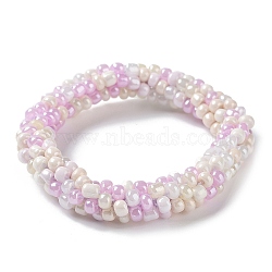 Crochet Glass Beads Braided Stretch Bracelet, Nepel Boho Style Bracelet, Lavender Blush, Inner Diameter: 1-3/4 inch(4.5cm)(BJEW-K232-01N)