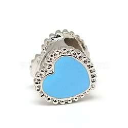 Platinum Tone Alloy Enamel European Beads, Large Hole Heart Beads, Light Sky Blue, 10.5x8mm, Hole: 5mm(MPDL-A023-H02)
