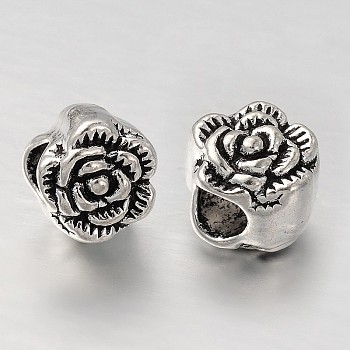 Tibetan Style Alloy European Beads, Large Hole Rose Flower Beads, Antique Silver, 10x9mm, Hole: 4.5mm