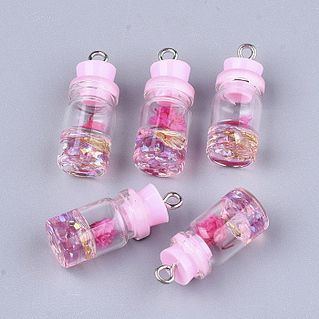Glass Bottle Pendant Decorations, with Resin Rhinestone & Stopper, Dried Flower and Iron Findings, Platinum, Pearl Pink, 26~27x9.5~10mm, Hole: 1.8mm