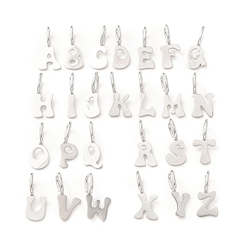 304 Stainless Steel Pendants, Letter A~Z Charms, Stainless Steel Color, 16.5~17x3.5~9x5.5mm, Hole: 6x3mm, about 26pcs/set