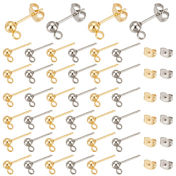 Elite 100Pcs 2 Color 304 Stainless Steel Ball Stud Earring Post, Earrings Findings, with Vertical Loops & 100Pcs Ear Nuts, Golden & Stainless Steel Color, 15x7x4mm, Hole: 1.7~2mm, Pin: 0.8mm, 50Pcs/color