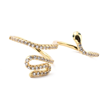 Brass Micro Pave Cubic Zirconia Cuff Rings, Long-Lasting Plated, Snake, Real 18K Gold Plated, US Size 7(17.3mm), US Size 7 1/2(17.7mm)