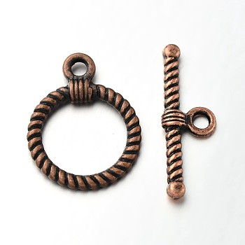 Tibetan Style Alloy Ring Toggle Clasps, Red Copper, Ring: 22x17x2mm, Hole: 2.5mm, Bar: 26x8x3mm, Hole: 2.5mm
