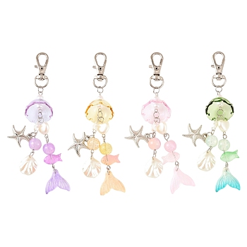4Pcs 4 Colors Glass & ABS Plastic Pearl & CCB Plastic Pendant Decorations, with Alloy Swivel Clasps, Platinum, Fish & Fishtail & Starfish, Mixed Color, 120mm, 1pc/color