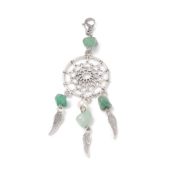 Natural Green Aventurine Chip Pendant Decoration, Alloy Woven Net/Web with Wing Hanging Ornament, with Natural Cultured Freshwater Pearl, 304 Stainless Steel Lobster Claw Clasps

, 98~100mm