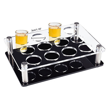 12 Round Holes Acrylic Shot Glasses Holders, Beer Wine Glasses Organizer Rack for Family Party Bar Pub, Rectangle, Clear & Black, 183x126x52.5mm, Inner Diameter: 30mm