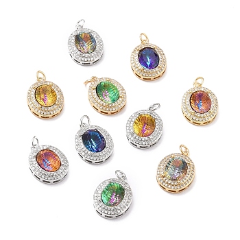 Brass Cubic Zirconia Pendants, Flat Round, Mixed Color, 18x14x6mm, Hole: 3.4mm, Jump Ring: 5x0.8mm