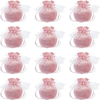 Nbeads 12Pcs Velvet Jewelry Drawstring Gift Bags, with Plastic Imitation Pearl & White Yarn, Wedding Favor Candy Bags, Pink, 14.2x14.9x0.4cm