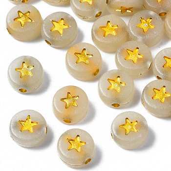 Luminous Acrylic Beads, Glow in the Dark, Metal Enlaced, Horizontal Hole, Flat Round with Star, Golden Plated, 7x3.5mm, Hole: 1.2mm, about 3600pcs/500g