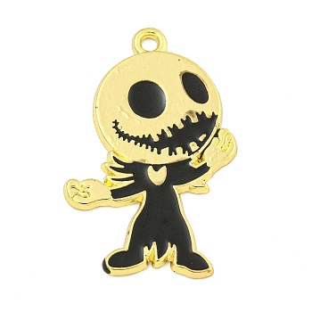 Halloween Alloy Enamel Pendants, Long-Lasting Plated, Golden, Skeleton Charm, Black, 32x21x1mm, Hole: 1.8mm