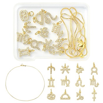 DIY 12 Constellations Necklace Making Kit, Including Brass Micro Pave Cubic Zirconia Charms, Brass Venetian Chain Necklaces, Real 18K Gold Plated, 13Pcs/box
