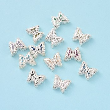 Eco-friendly Brass Cubic Zirconia Multi-Strand Links, Cadmium Free & Lead Free, Butterfly, Silver Color Plated, Mixed Color, 11x14x5.6mm, Hole: 1.2mm