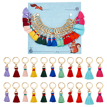 Nylon Thread Tassel Pendant Stitch Markers, Crochet Leverback Hoop Charms, Locking Stitch Marker with Wine Glass Charm Ring, Mixed Color, 3.5cm, 11 colors, 2pcs/color, 22pcs/set