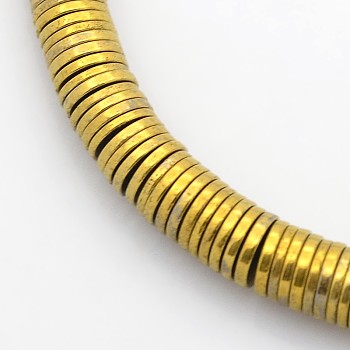 Electroplate Non-magnetic Synthetic Hematite Beads Strands, Heishi Beads, Flat Round/Disc, Golden Plated, 6x1mm, Hole: 1mm, about 378~389pcs/strand, 15.7 inch
