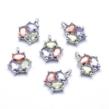 Brass Charms, with Cubic Zirconia, Lead Free & Cadmium Free & Nickel Free, Flower, Mixed Color, Real Platinum Plated, 11x9x3mm, Hole: 2mm