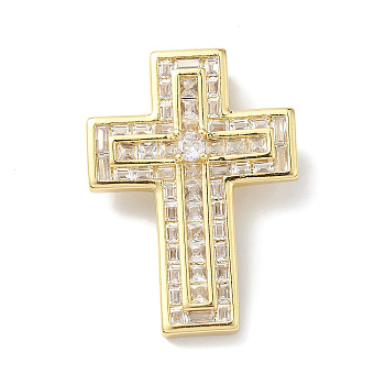 Rack Plating Brass Micro Pave Cubic Zirconia Pendants, Lead Free & Cadmium Free, Religion Cross CHarm, Real 18K Gold Plated, 30.5x22x4.5mm, Hole: 4.5x3mm
