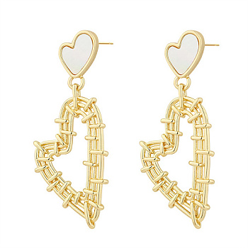 304 Stainless Steel Dangle Stud Earrings for Women, with Shell, Braided Heart, Real 18K Gold Plated, 48.6x29.6mm
