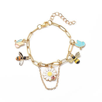 Alloy Enamel Flower & Bee & Butterfly Charm Bracelet with Paperclip Chains, Gold Plated 304 Stainless Steel Jewelry for Women, Colorful, 6-7/8 inch(17.6cm)